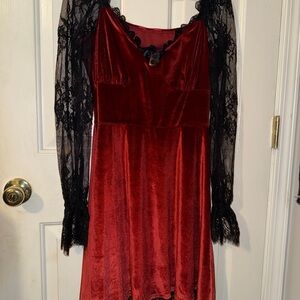 Red Velvet Dress with Black Lace Sleeves